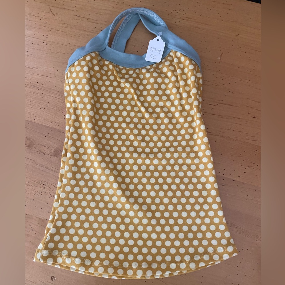 NWT, Mustard Polka Dot Billie Jo Stretchy, Strappy Tank with Pale Blue Straps.
